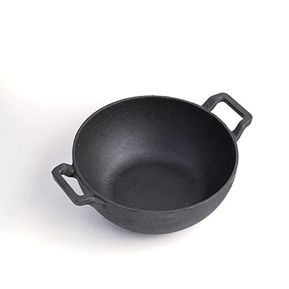Premium Flat Base Cast Iron Kadai / Black Iron Kadhai Wok